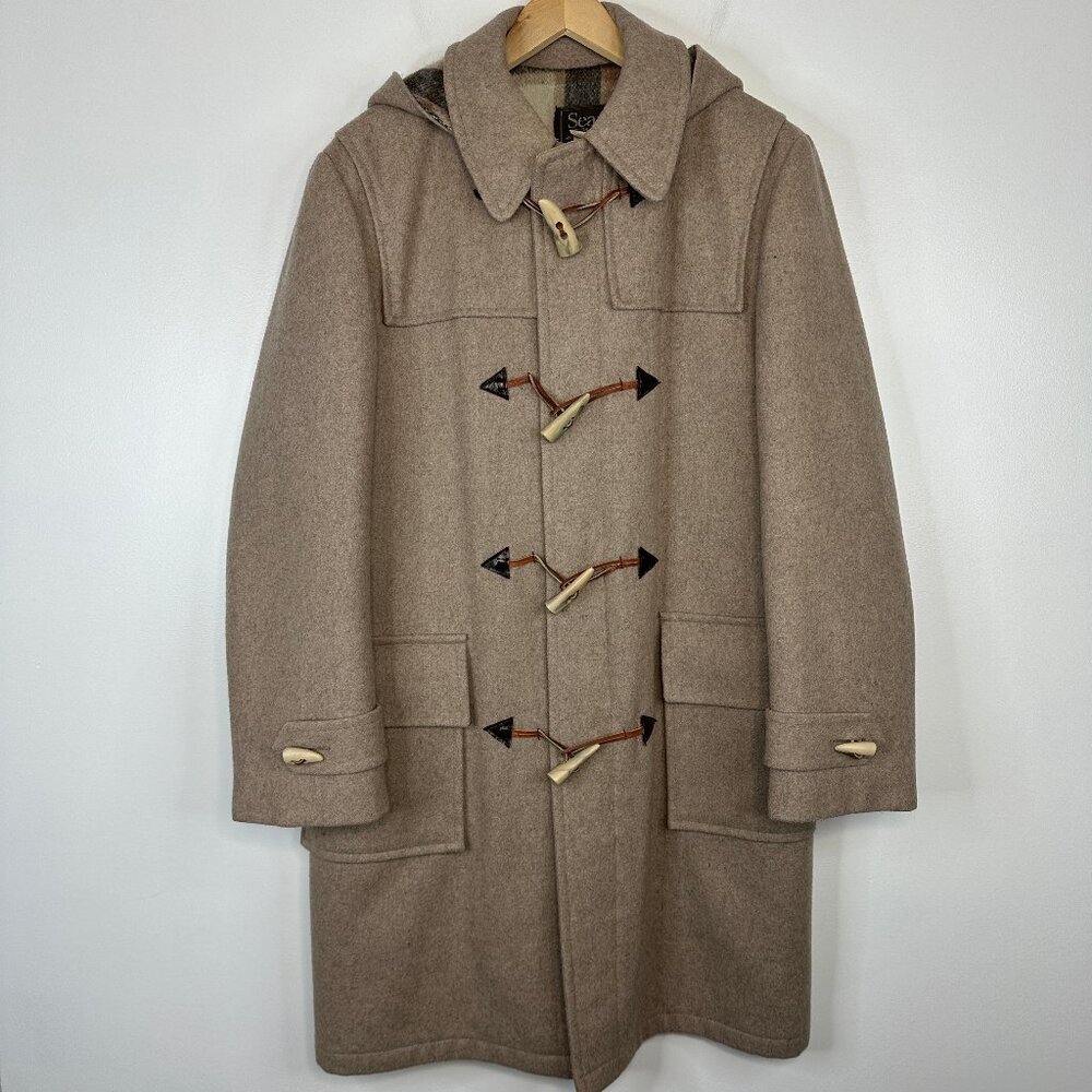 Vintage Sears 60s 70s Plaid Lined Wool Duffle Coat Toggle Button Heavy Jacket 38